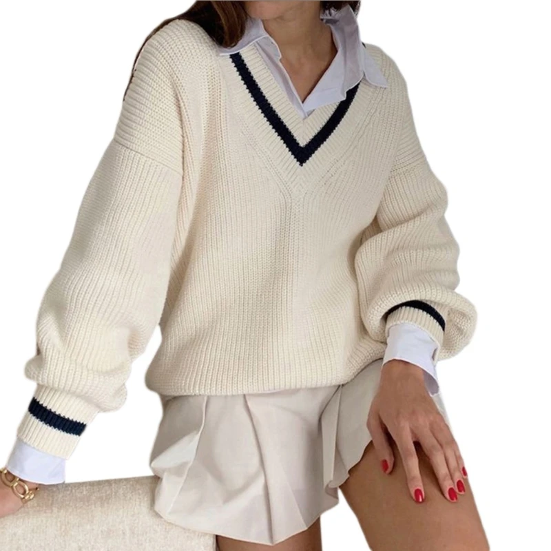 Women England Preppy Style Striped V-Neck Sweater Solid Color Ribbed Knitted Pullover Top Loose Long Sleeve Jumper Shirt
Women England Preppy Style Striped V-Neck Sweater Solid Color Ribbed Knitted Pullover Top Loose Long Sleeve Jumper Shirt