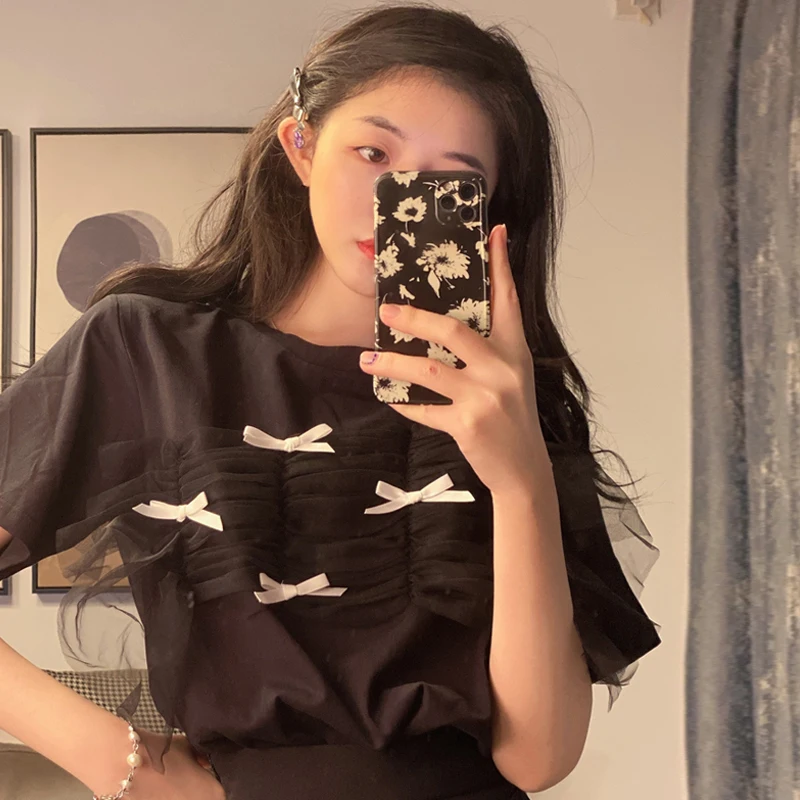 Summer Sweet Style Tees Causal O-neck Short Sleeve Ladies Tops Korean Fashion Loose Patchwork Mesh Bow T Shirt for Women Clothes
Summer Sweet Style Tees Causal O-neck Short Sleeve Ladies Tops Korean Fashion Loose Patchwork Mesh Bow T Shirt for Women Clothes
