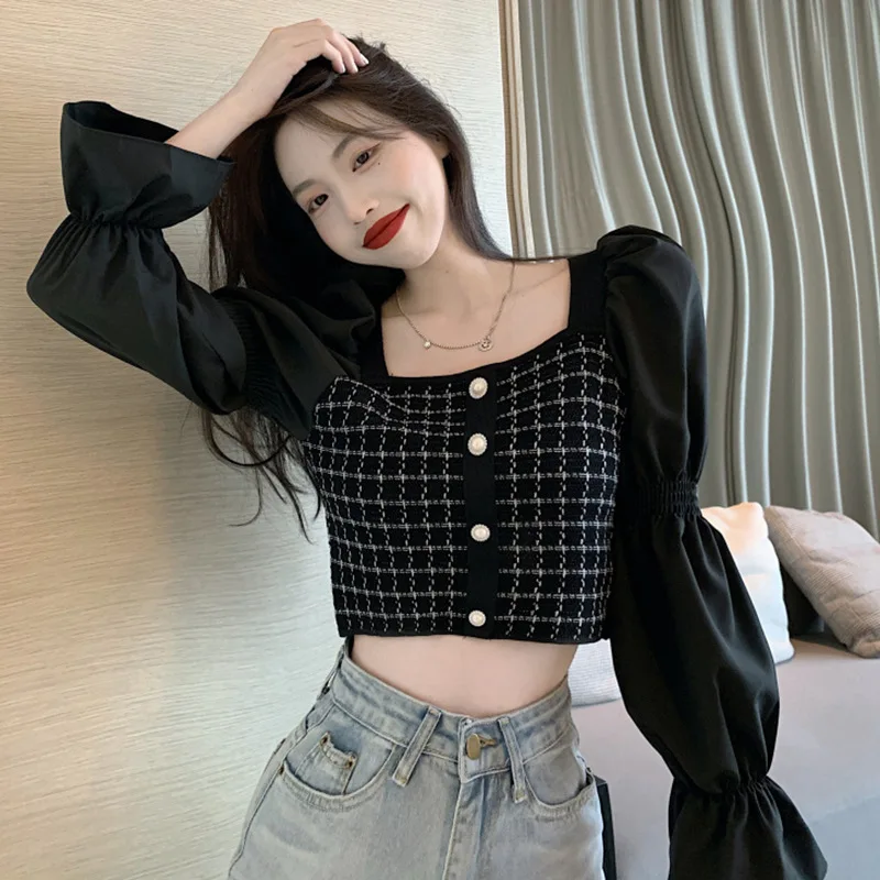Autumn Clothing New Style Korean-style Graceful Puff Sleeve Joint Long-sleeved Upper Garment Black and White with Pattern L 
Autumn Clothing New Style Korean-style Graceful Puff Sleeve Joint Long-sleeved Upper Garment Black and White with Pattern L