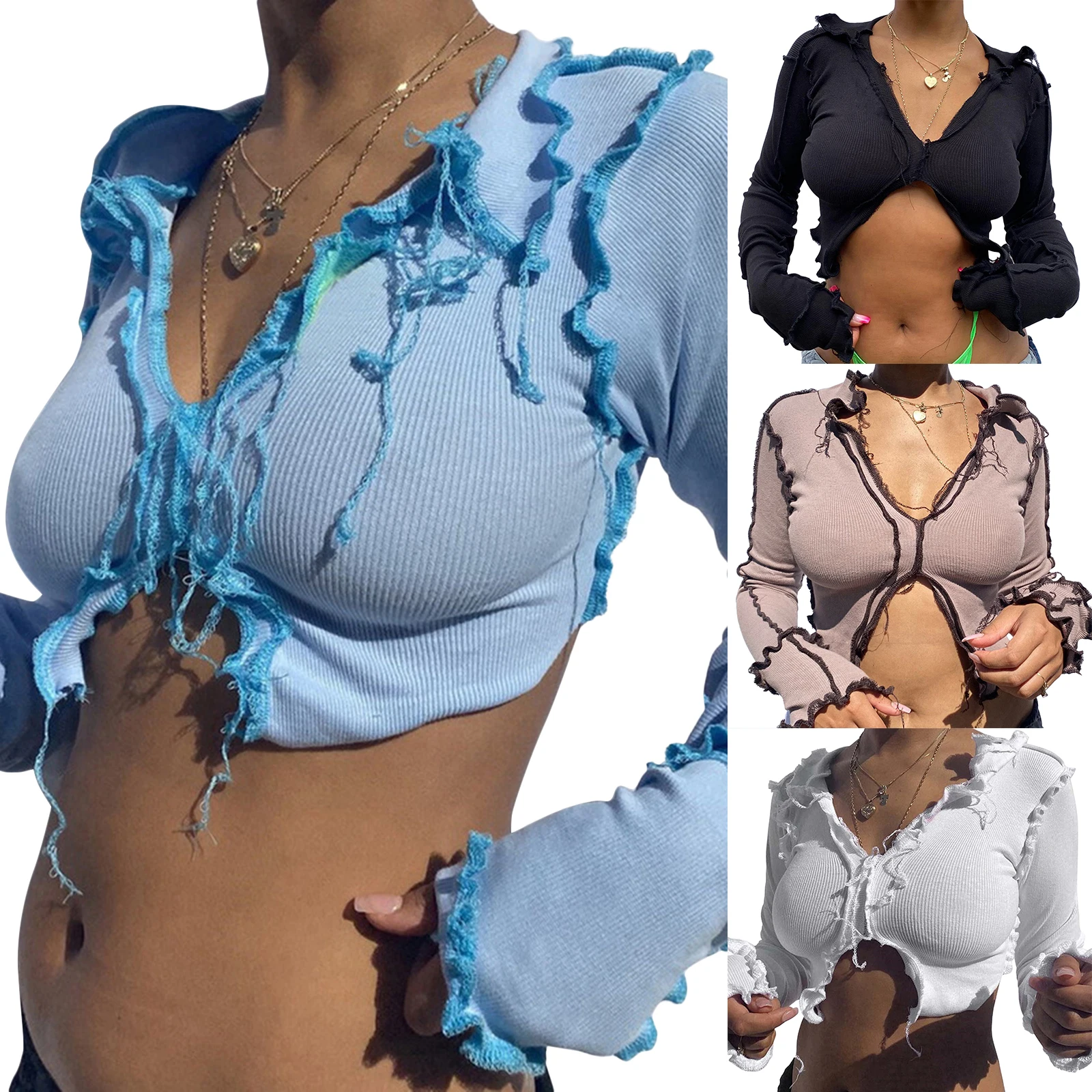 Женский трикотажный кроп-топ в рубчик, однотонные облегающие футболки с длинным рукавом, отложным воротником и V-образным вырезом
Женский трикотажный кроп-топ в рубчик, однотонные облегающие футболки с длинным рукавом, отложным воротником и V-образным вырезом