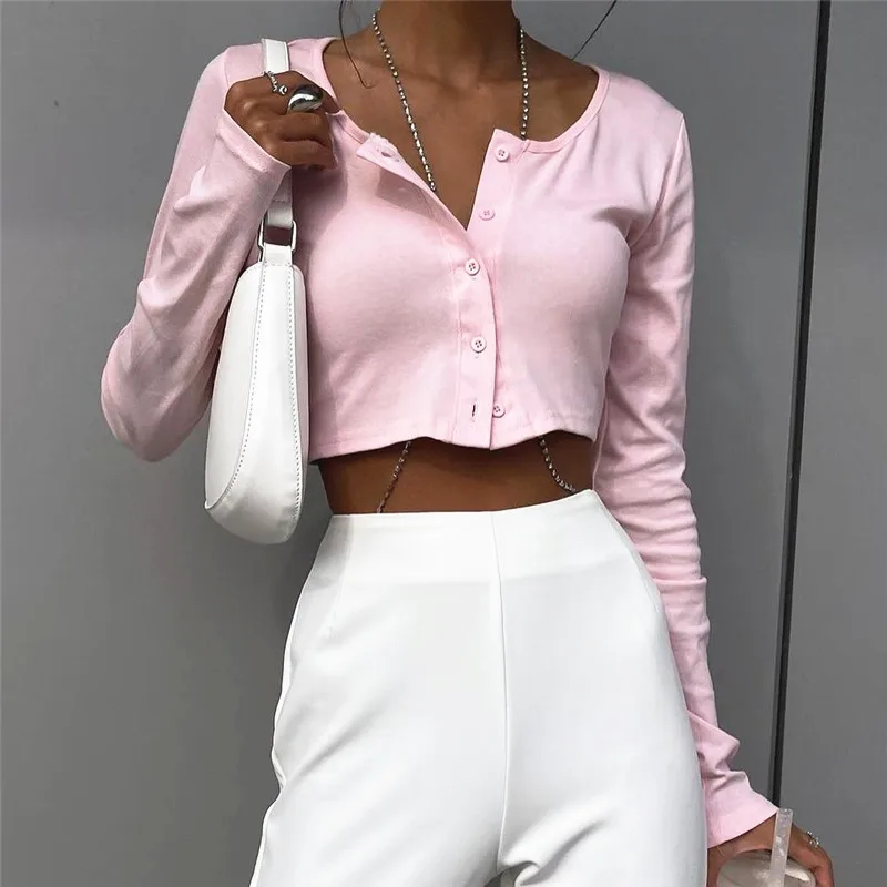 2021 Women Autumn Sweet Pink Maiden Round Neck Cardigan Buttons Long Sleeve Top Solid Color Sexy Fashion Chain Decorate Female
2021 Women Autumn Sweet Pink Maiden Round Neck Cardigan Buttons Long Sleeve Top Solid Color Sexy Fashion Chain Decorate Female
