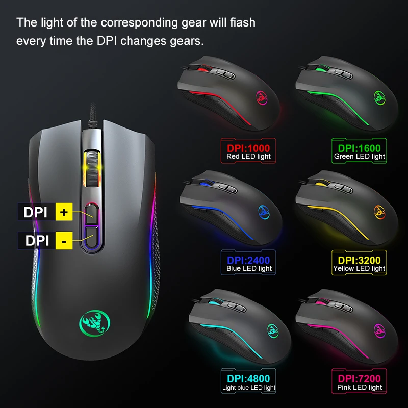 7200 DPI RGB Проводная игровая мышь 7 цветов с подсветкой эргономичная геймерская