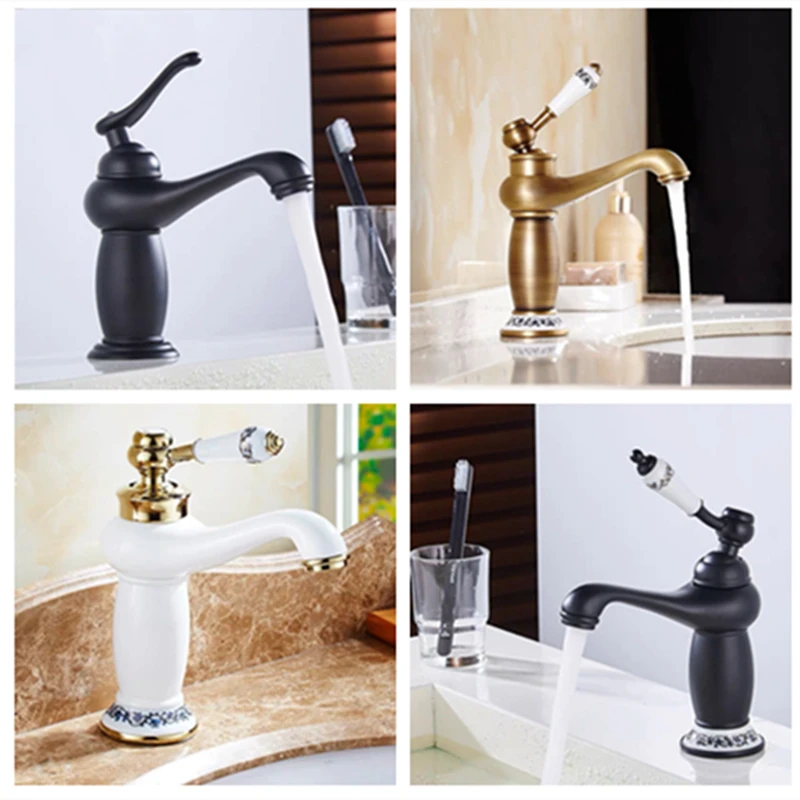 

Basin Faucets White/Black Brass Teapot Type With Retro Porcelain Decorate Single Handle Bathroom Faucets Crane Sink Mixing Tap