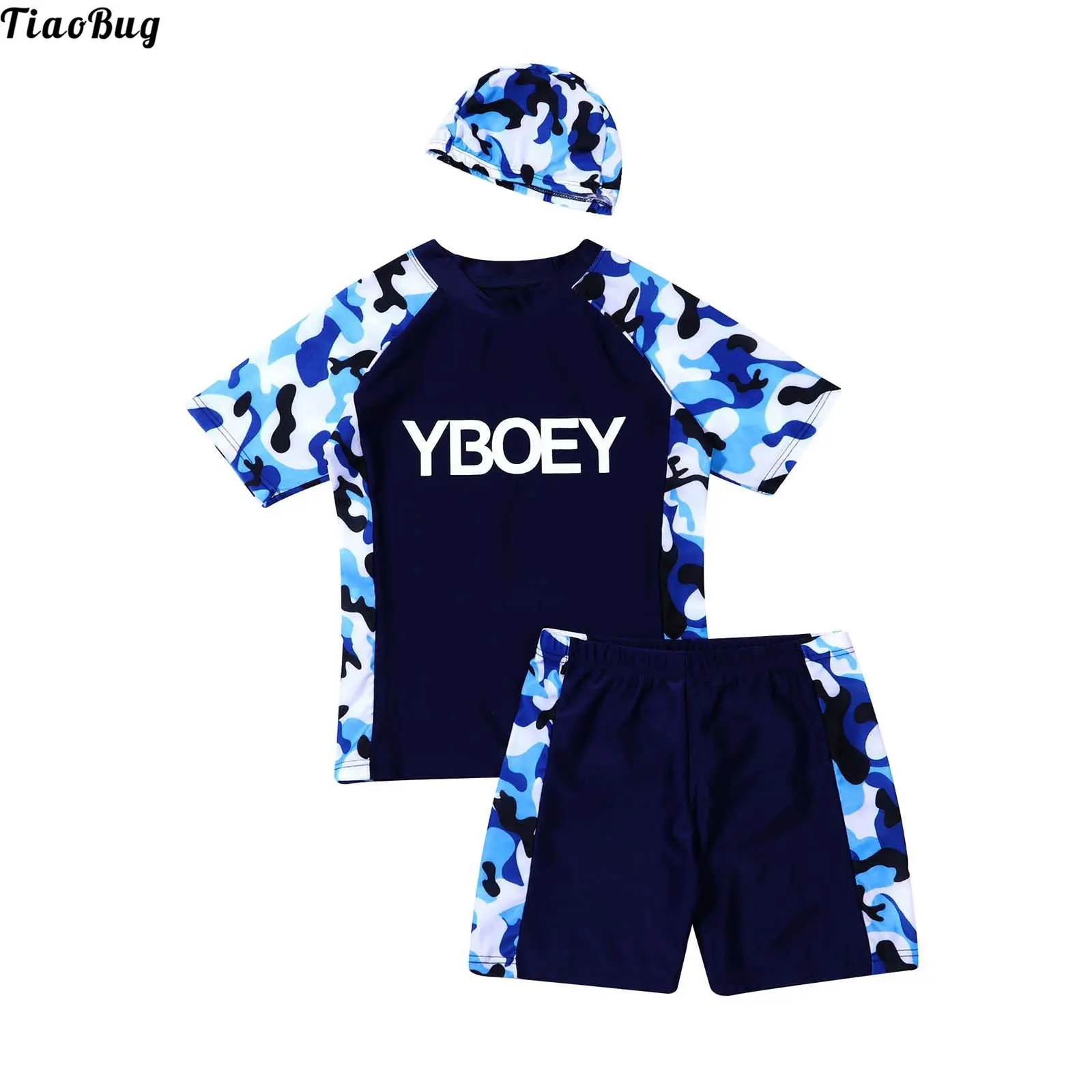 TiaoBug 3Pcs Kids Boys Swimsuit Stand Collar Short Sleeves Camouflage Print T-Shirt With Shorts And Cap Beach Pool Bathing Suits
TiaoBug 3Pcs Kids Boys Swimsuit Stand Collar Short Sleeves Camouflage Print T-Shirt With Shorts And Cap Beach Pool Bathing Suits