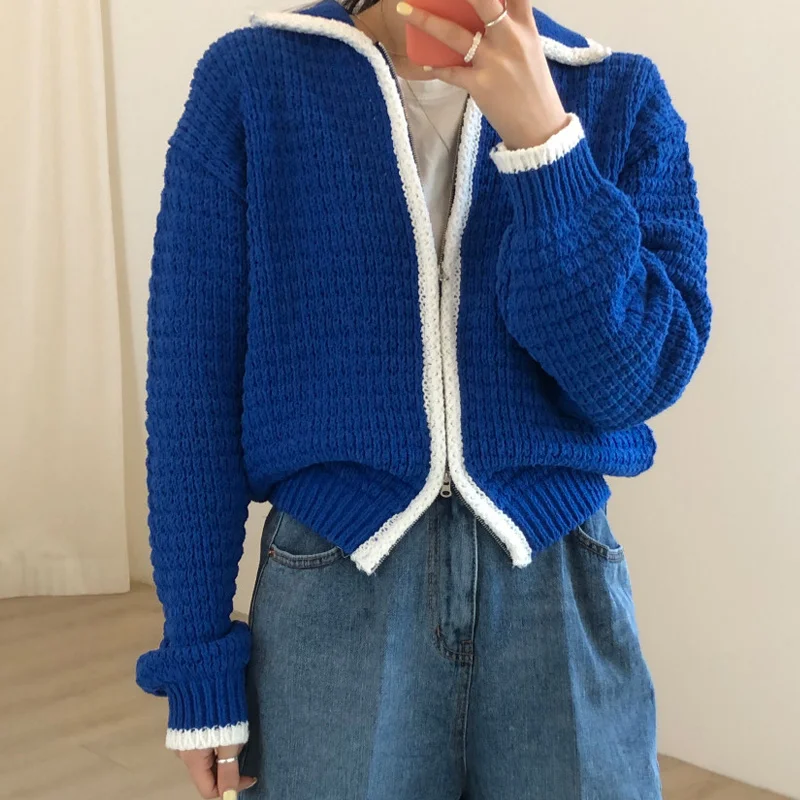 Женский кардиган Unif Осень-Зима Простой стиль синяя Шея Контрастные цвета обтягивающий утепленный на молнии
Женский кардиган Unif Осень-Зима Простой стиль синяя Шея Контрастные цвета обтягивающий утепленный на молнии