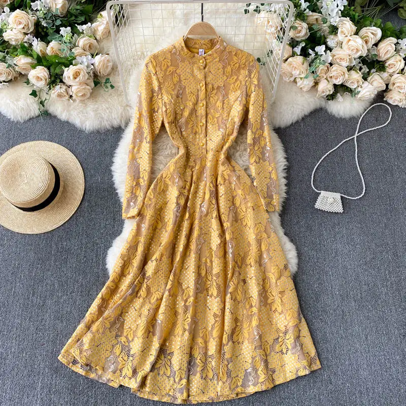 French Gentle Style Dress Spring Autumn 2021 New Temperament Stand Up Collar Buttoned Slim Mid-Length Lace Dress Elegant zh1413
French Gentle Style Dress Spring Autumn 2021 New Temperament Stand Up Collar Buttoned Slim Mid-Length Lace Dress Elegant zh1413