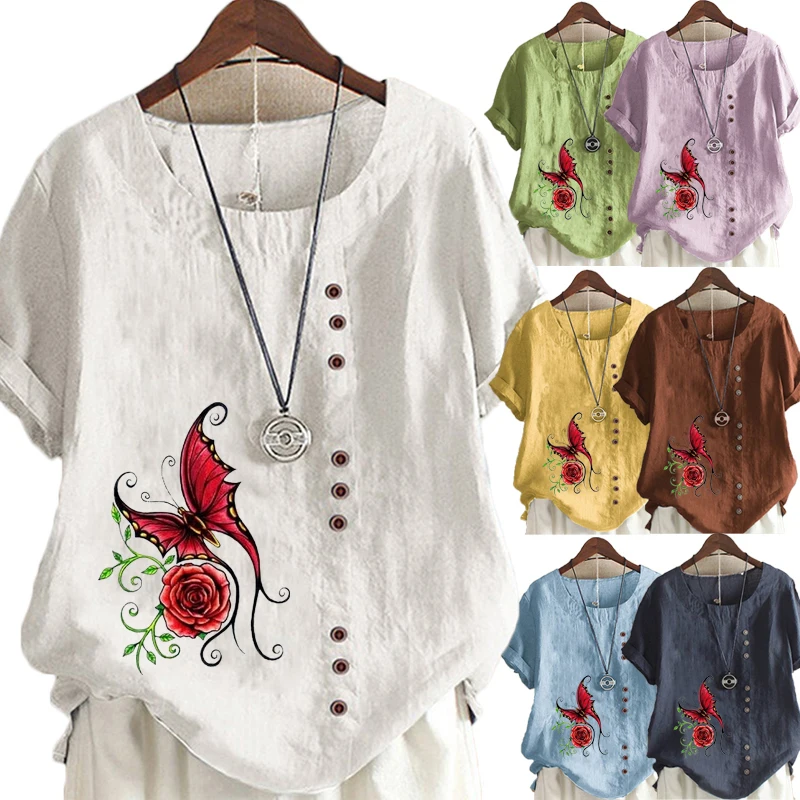 Women's New Fashion Linen Shirt Round Neck Short Sleeve Butterfly Printed T-shirt Summer Ladies Casual Plus Size Blouse Tops
Women's New Fashion Linen Shirt Round Neck Short Sleeve Butterfly Printed T-shirt Summer Ladies Casual Plus Size Blouse Tops