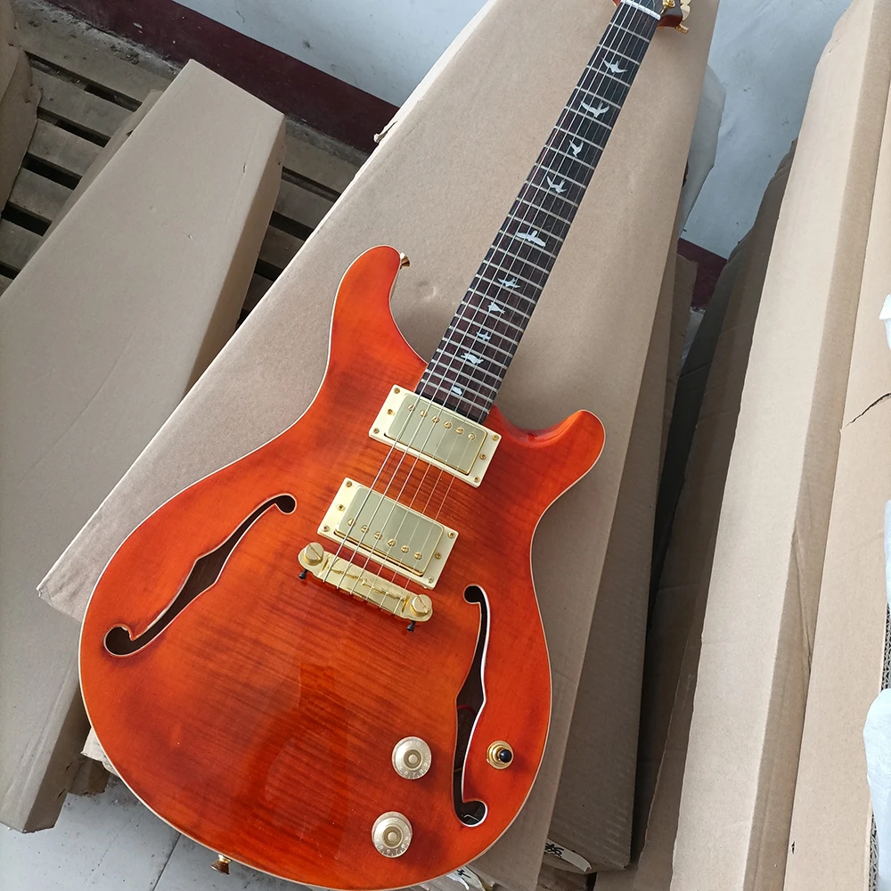 Бесплатная доставка 6-струнная полуажурная оранжевая электрическая гитара с