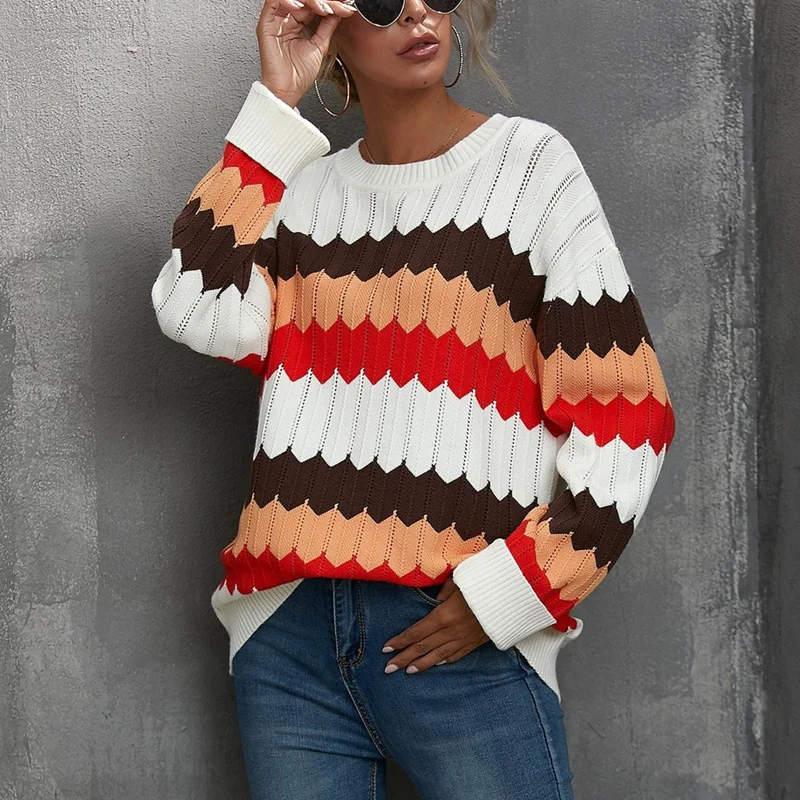 Women's Fashion Casual Striped Contrast Color Round Neck Knit Sweater Tops Red
Women's Fashion Casual Striped Contrast Color Round Neck Knit Sweater Tops Red