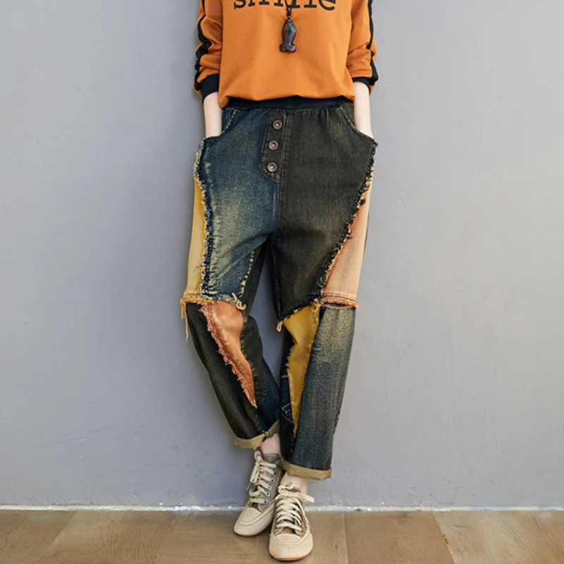 Spring Korean Women Cotton Denim Harem Pants Plus Size Female Vintage Elastic High Waisted Baggy Boyfriend Jeans Pants Trousers
Spring Korean Women Cotton Denim Harem Pants Plus Size Female Vintage Elastic High Waisted Baggy Boyfriend Jeans Pants Trousers
