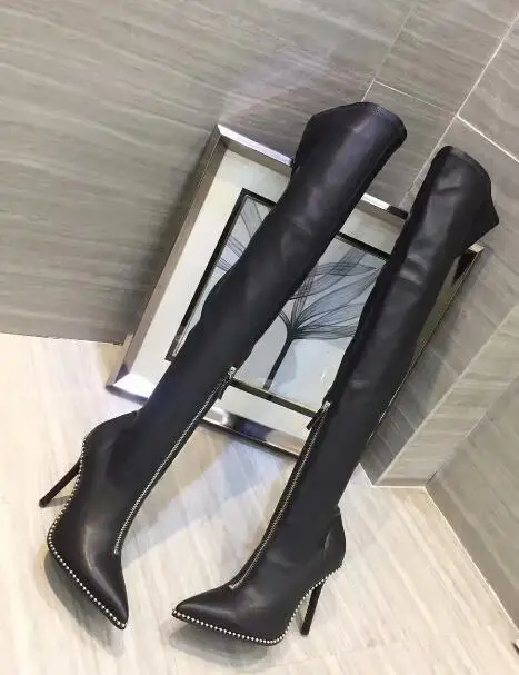 BONJEAN Newest Pointed Toe High Heel Boots Black Stretch Leather Over the Knee Sexy Boots Rivets Studded Thin heels Shoes 35-41 
BONJEAN Newest Pointed Toe High Heel Boots Black Stretch Leather Over the Knee Sexy Boots Rivets Studded Thin heels Shoes 35-41