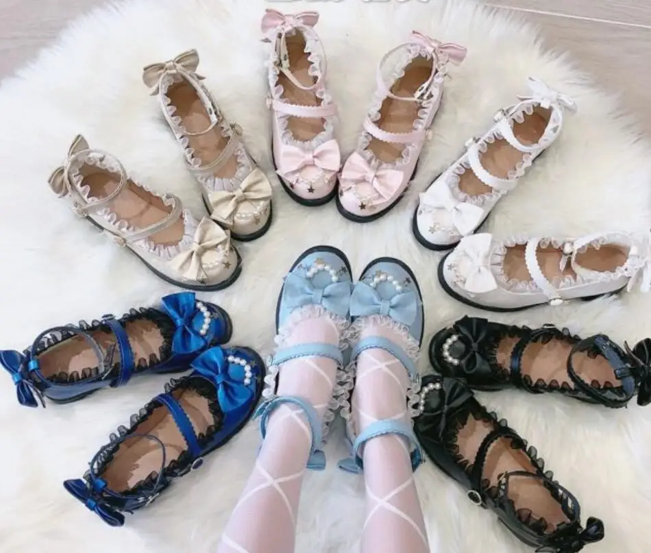 

Star shift Lolita shoes Bowknot Princess Kawaii Girl Women Shoes Middle Heel Vintage Sweet Lolita Shoes Victoria cos loli girl
