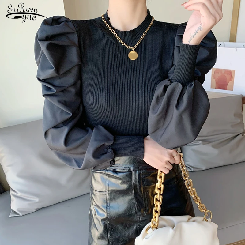 

Spring New Classic Black and White Short Slim Bottoming Tops for Women Retro Bubble Sleeves Spliced Blouse Chemisier Femme 12742