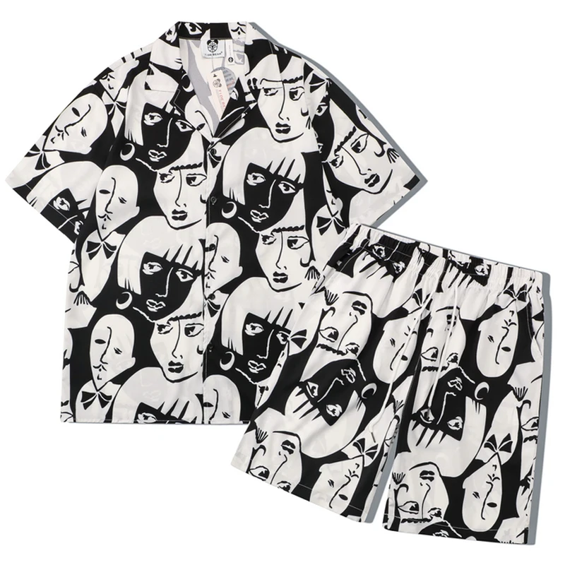 Mens Short Sleeve Shrits Sets Vintage Face Printed Button Blouses Tops 2022 Summer Oversize Unisex Aesthetic Set Streetwear
Mens Short Sleeve Shrits Sets Vintage Face Printed Button Blouses Tops 2022 Summer Oversize Unisex Aesthetic Set Streetwear