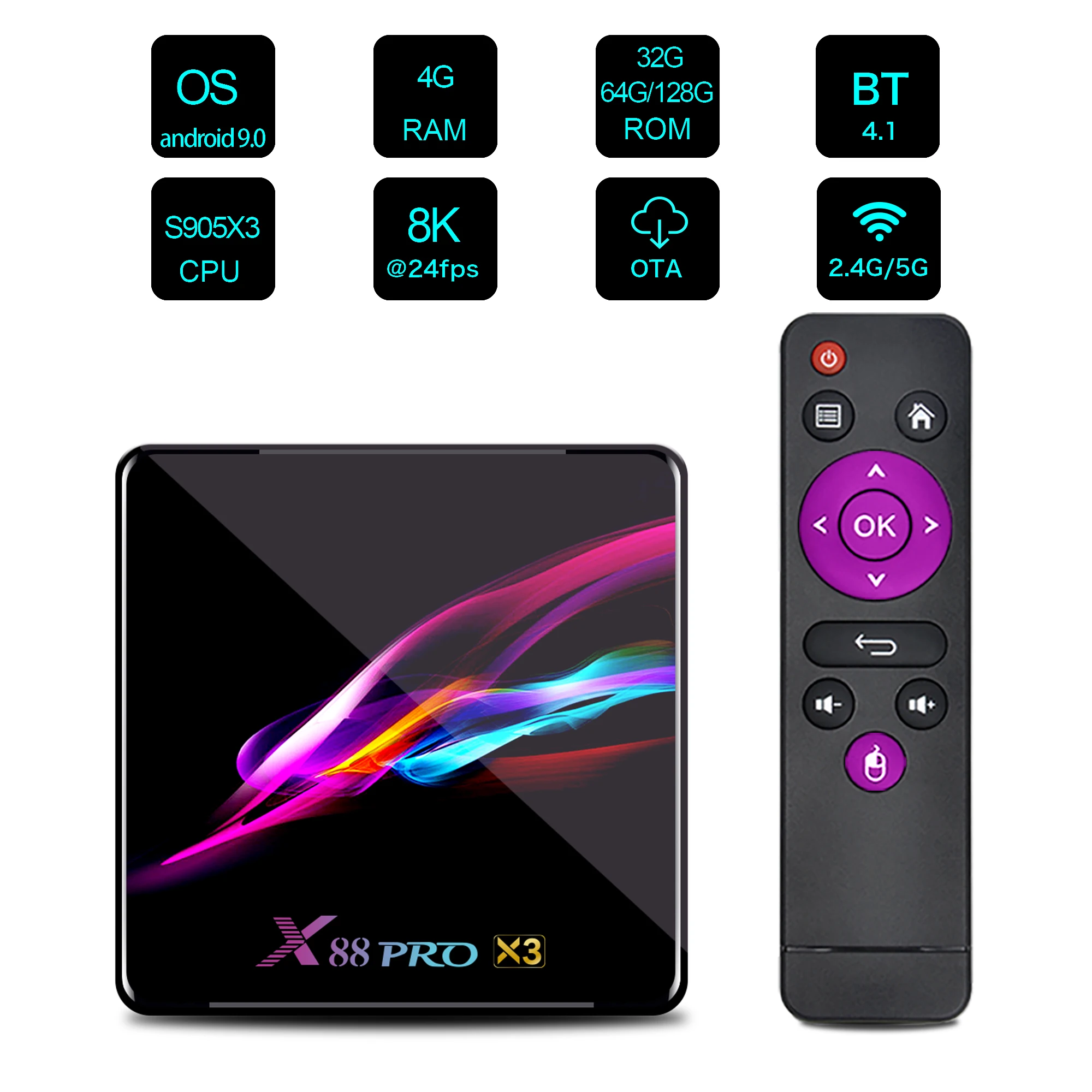 8K Android 9.0 TV Box X88 Pro X3 Amlogic S905X3 2.4G/5G Wifi BT4.1 4K Media Player 4GB RAM 128GB ROM Google Smart TV Set Top Box
8K Android 9.0 TV Box X88 Pro X3 Amlogic S905X3 2.4G/5G Wifi BT4.1 4K Media Player 4GB RAM 128GB ROM Google Smart TV Set Top Box