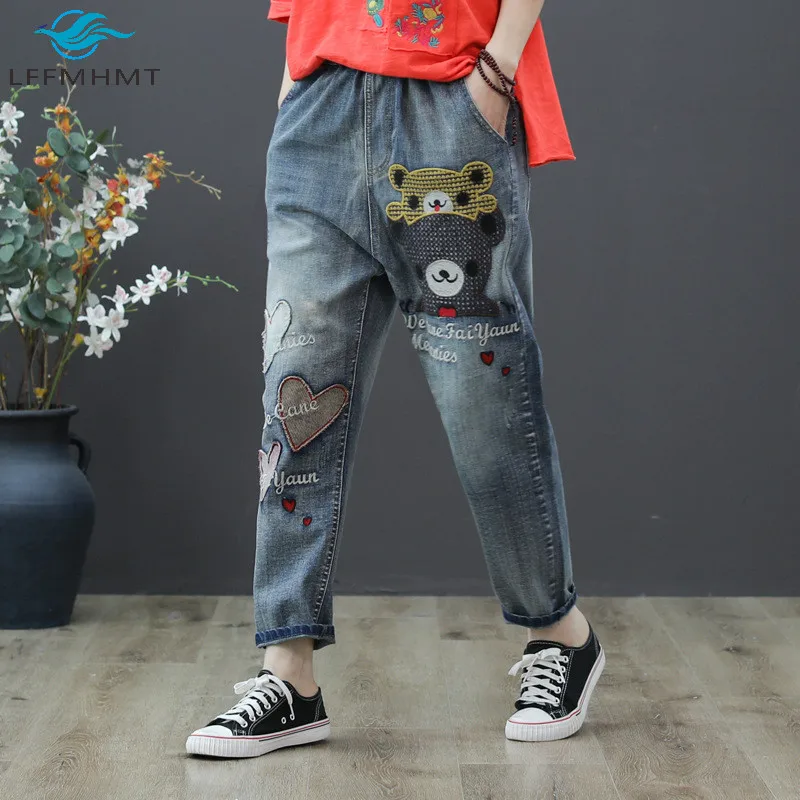 9156 Women Korean Bear Heart Patchwork Kawaii Cartoon Jeans Female Vintage Elastic Waist Denim Trousers Sweet Casual Harem Pants
9156 Women Korean Bear Heart Patchwork Kawaii Cartoon Jeans Female Vintage Elastic Waist Denim Trousers Sweet Casual Harem Pants
