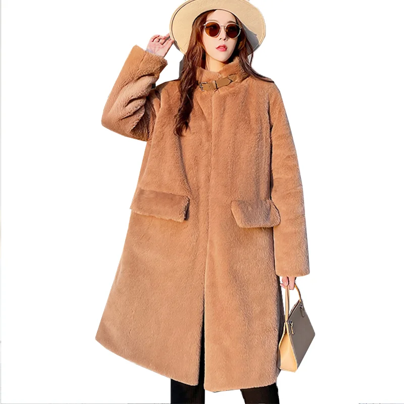 Фото Модное зимнее длинное пальто Женское с воротником-стойкой из искусственного