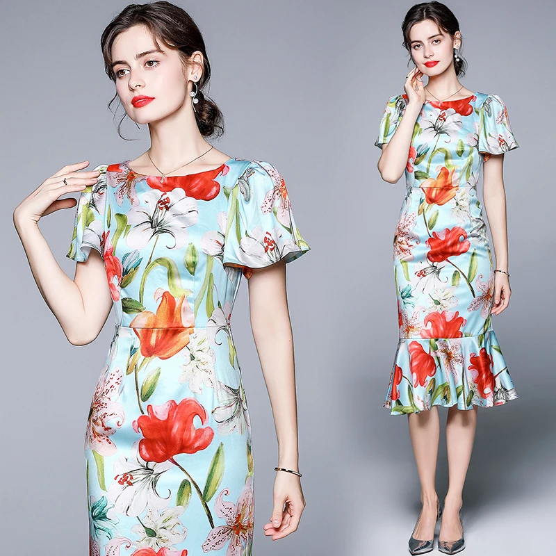 Simgent Summer Mermaid Dress Women Elegant Silk Ruffle Sleeve Flower Print Fashion Midi Dresses Robe Femme Vestidos SG14301
Simgent Summer Mermaid Dress Women Elegant Silk Ruffle Sleeve Flower Print Fashion Midi Dresses Robe Femme Vestidos SG14301