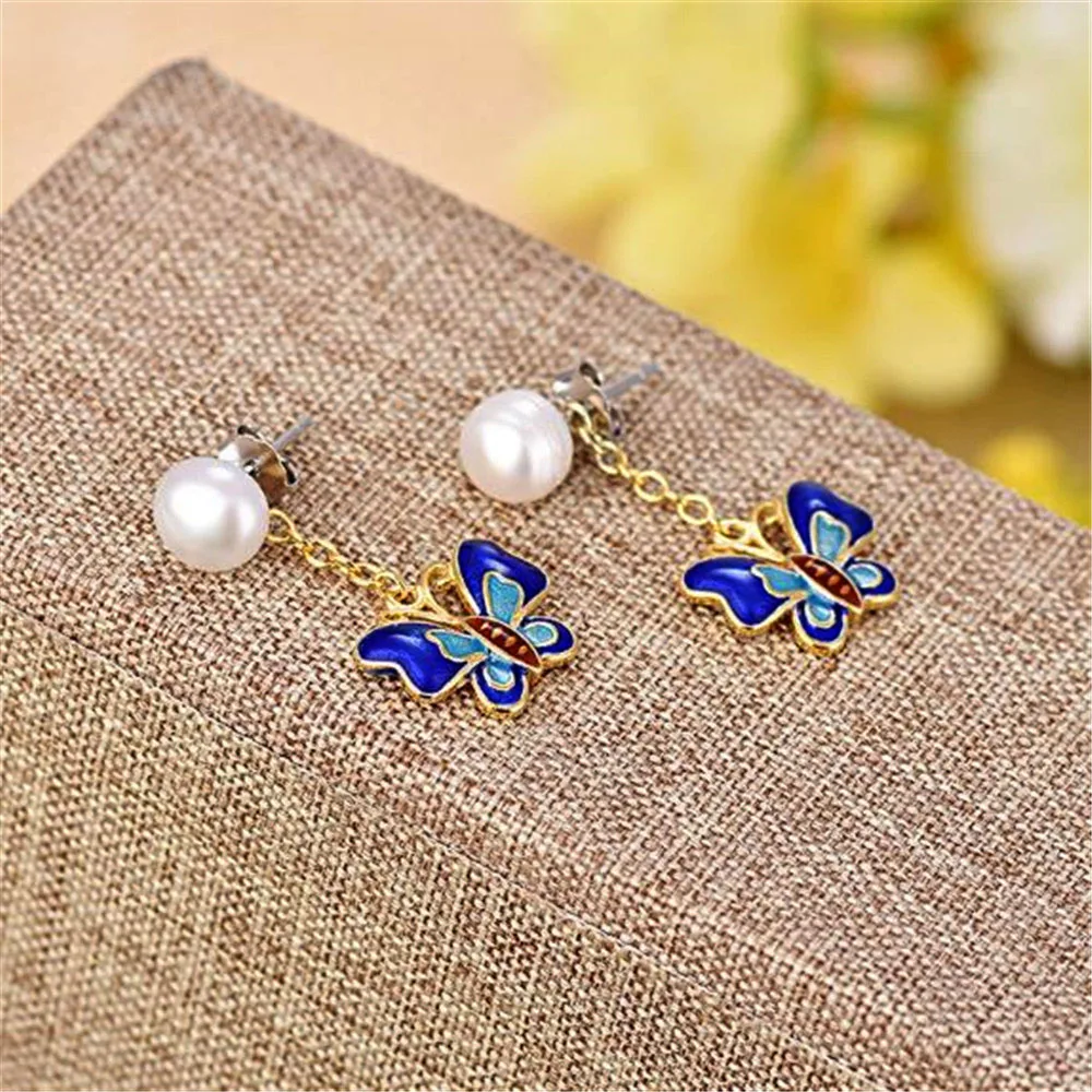 YKNRBPH Fashionable and lovely little butterfly pearl drop earrings with double-sided Cloisonne earrings Jewelry front and back
YKNRBPH Fashionable and lovely little butterfly pearl drop earrings with double-sided Cloisonne earrings Jewelry front and back