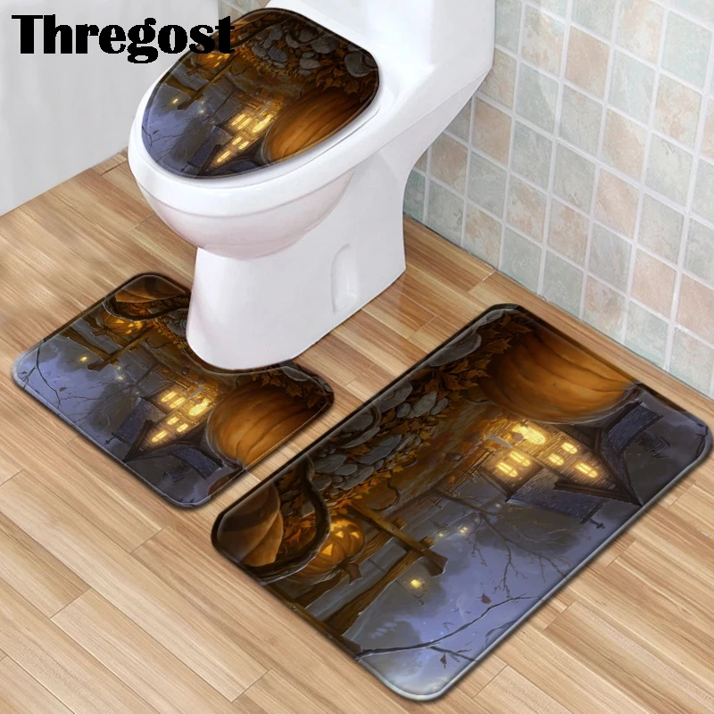 Thregost Bathroom Mats Set 3 Pcs Halloween Door Water Absorbent Rugs Shower Foot Holder Microfiber Non-Slip Toilet Rug | Дом и сад