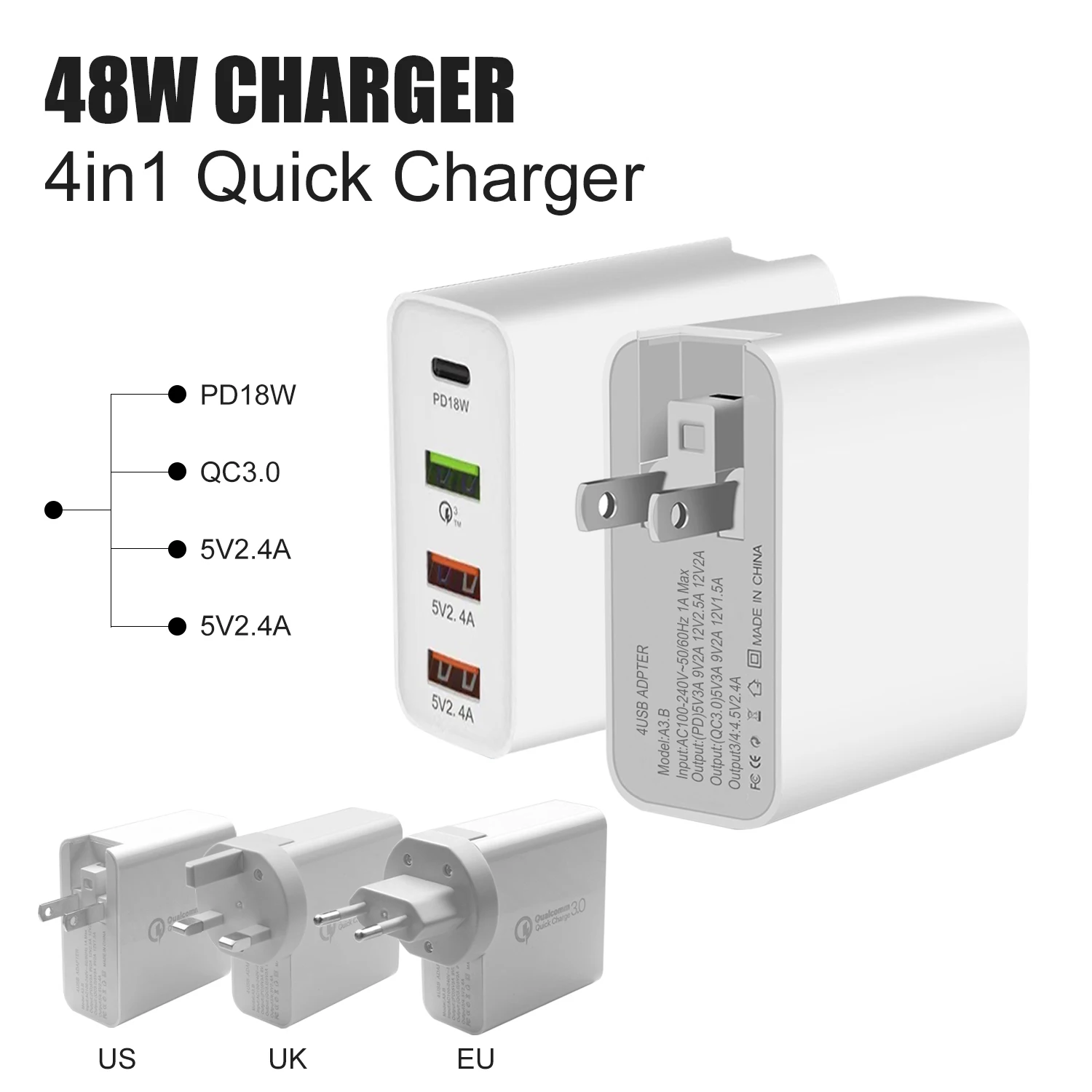 48W 4 Ports GaN Fast Charger with PD Type C USB 3.0 USB 2.0 Interface Quick Charging Power Adapter for IPhone Samsung Huawei 
48W 4 Ports GaN Fast Charger with PD Type C USB 3.0 USB 2.0 Interface Quick Charging Power Adapter for IPhone Samsung Huawei