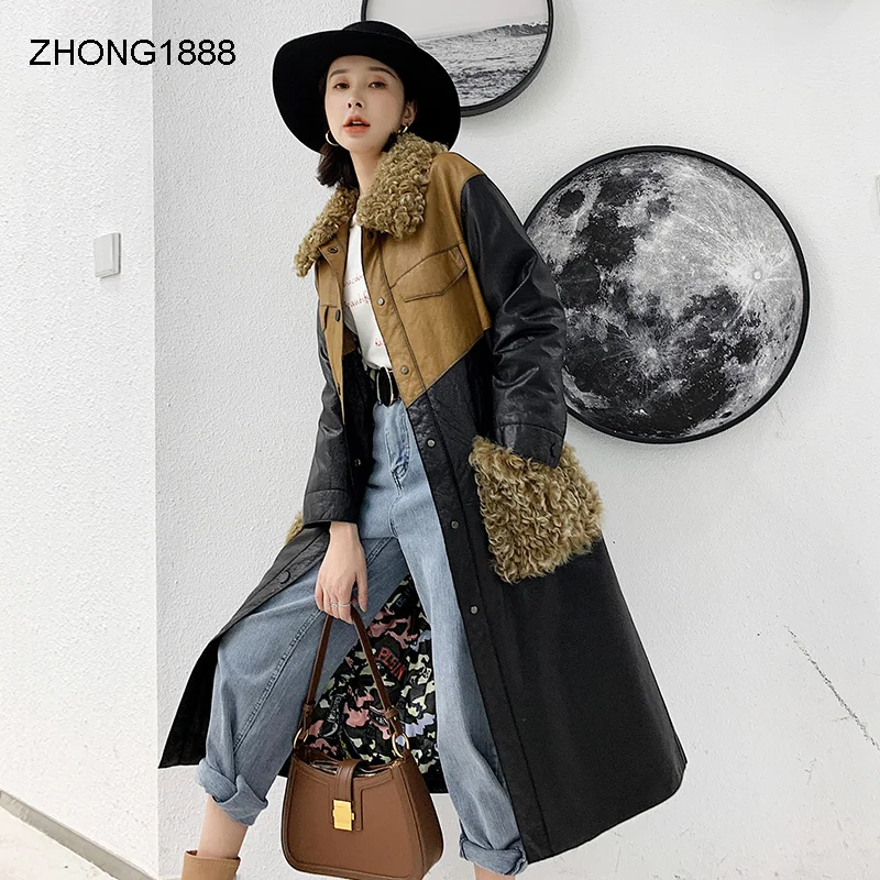 Женское длинное пальто из овечьей кожи, зимнее пальто выше колена 
Женское длинное пальто из овечьей кожи, зимнее пальто выше колена