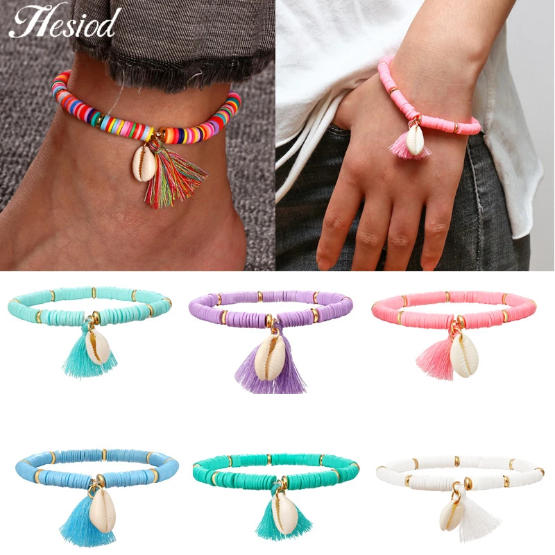 

Multicolor Tassel Anklet Bohemian Jewelry For Women polymer clay Beaded Elastic Chain Ankle Chain Leg Foot Chain Shell Bracelet