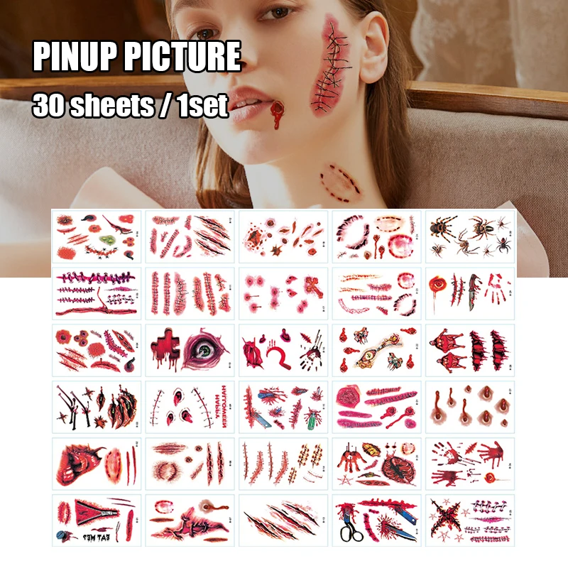 30 sheets Makeup Tattoo Stickers Halloween Terror Realistic Stitched Injuries Wounds Long Lasting Temporary Tattoo Stickers
30 sheets Makeup Tattoo Stickers Halloween Terror Realistic Stitched Injuries Wounds Long Lasting Temporary Tattoo Stickers