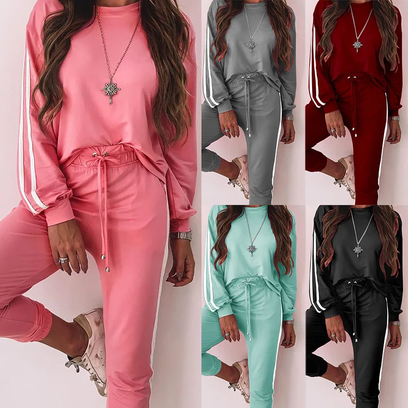 Summer Ladies Two Piece Sets Round Neck Top Sweat Suit Set Stripe Jogging Femal High-Waist Lace-Up Trousers Ladies Sportswear
Summer Ladies Two Piece Sets Round Neck Top Sweat Suit Set Stripe Jogging Femal High-Waist Lace-Up Trousers Ladies Sportswear