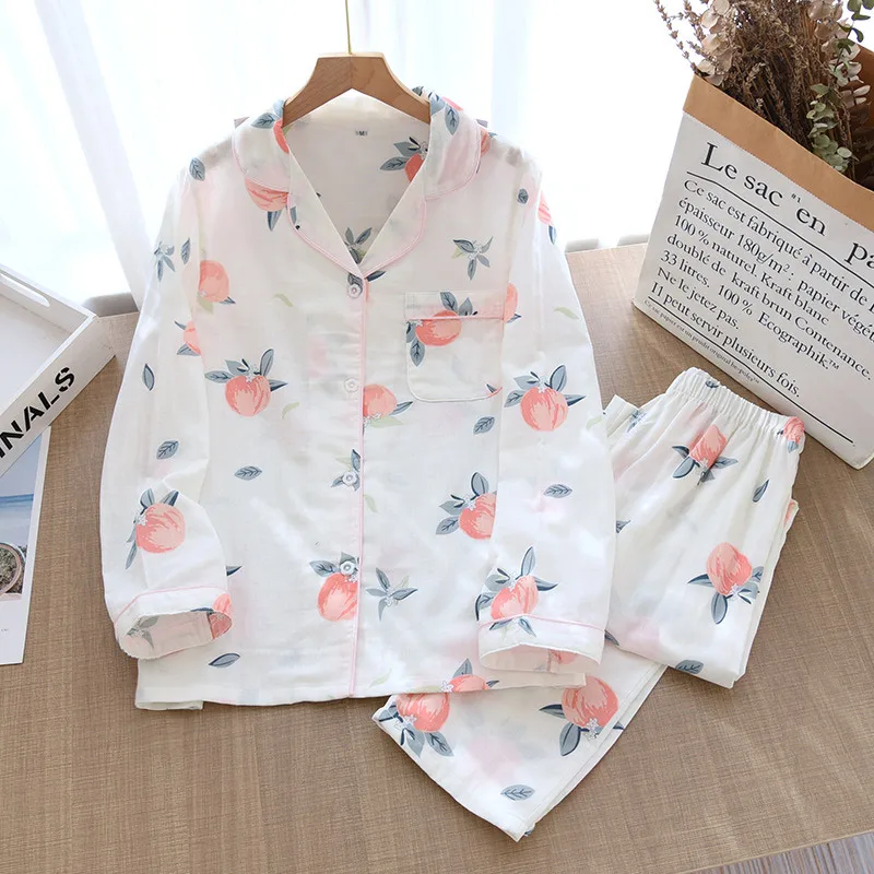 Cotton Gauze Fruits Floral Print Women's Pajamas Set Long Sleeve Pockets Shirts Top Loose Pants 2021 New Sleepwear Sets Hot Sale
Cotton Gauze Fruits Floral Print Women's Pajamas Set Long Sleeve Pockets Shirts Top Loose Pants 2021 New Sleepwear Sets Hot Sale