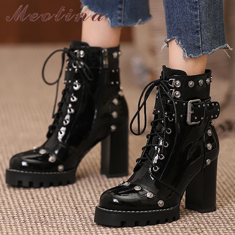 Meotina Women Cow Patent Leather Ankle Boots Rivet Thick High Heel Shoes Punk Style Zipper Round Toe Lady Short Boots Autumn 42
Meotina Women Cow Patent Leather Ankle Boots Rivet Thick High Heel Shoes Punk Style Zipper Round Toe Lady Short Boots Autumn 42