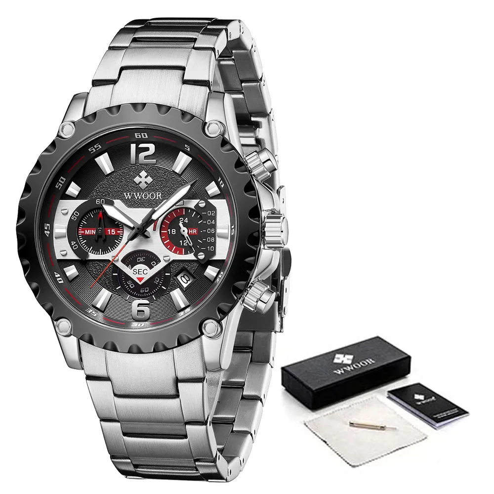 

2021 WWOOR Fashion Mens Watchs Brand Luxury Silver Stainless Steel Waterproof Quartz Watch Men Military Chronograph Reloj Hombre