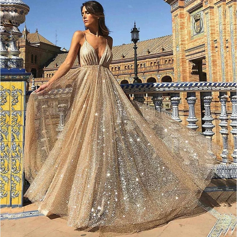 Elegant Sequined Beading Prom Dresses Sexy Backless Prom Gown Sparkling A-Line Evening Dress
Elegant Sequined Beading Prom Dresses Sexy Backless Prom Gown Sparkling A-Line Evening Dress