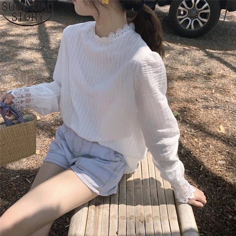 Women Cotton Shirts White Striped Blouse Stand Collar Lace Shirt Autumn Korean Casual Lantern Long Sleeve Pullover Blusas 10912
Women Cotton Shirts White Striped Blouse Stand Collar Lace Shirt Autumn Korean Casual Lantern Long Sleeve Pullover Blusas 10912
