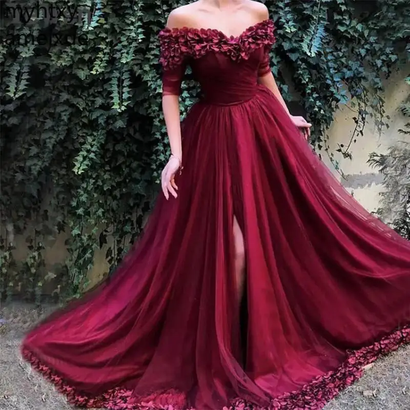 Plus Size Princess Burgundy Prom Dresses With Half Sleeves Formal Evening Party Gowns Off Shoulder Handmade Flowers Front Split
Plus Size Princess Burgundy Prom Dresses With Half Sleeves Formal Evening Party Gowns Off Shoulder Handmade Flowers Front Split