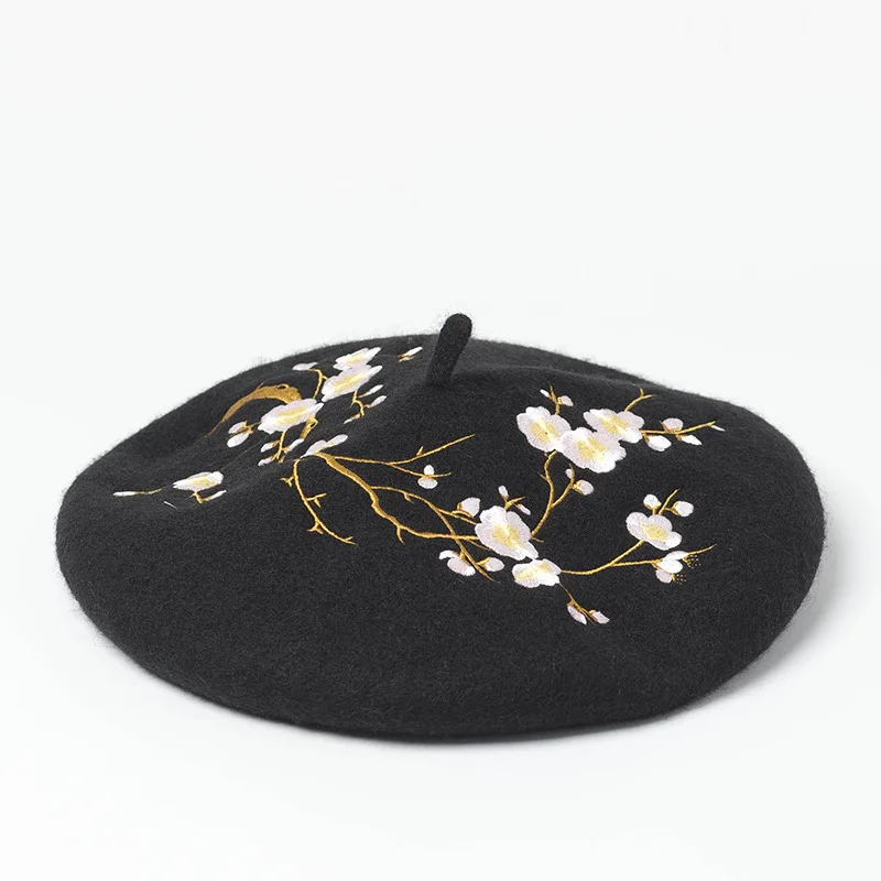 

Шерстяной берет с цветочной вышивкой, корейские осенне-зимние шапки для женщин, Дамская шапка художника, женская шапочка, шляпа