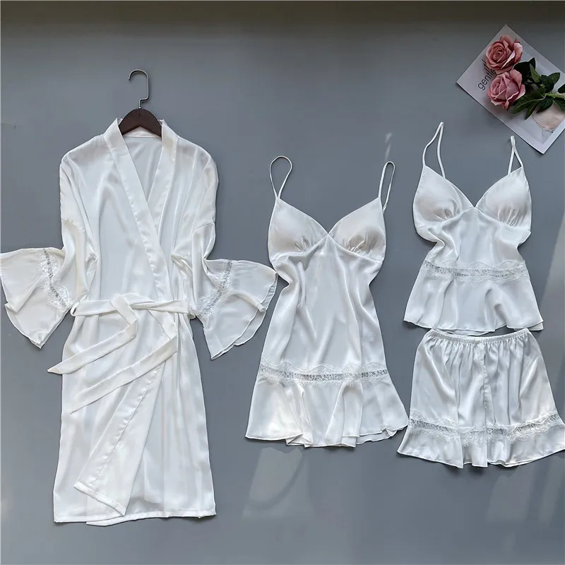 Summer Women Pajamas Set Flared Sleeves Wedding Robe Suit Patchwork Lace Satin 4pcs Sleepwear Pijamas Loose Silky Home Wear 
Summer Women Pajamas Set Flared Sleeves Wedding Robe Suit Patchwork Lace Satin 4pcs Sleepwear Pijamas Loose Silky Home Wear