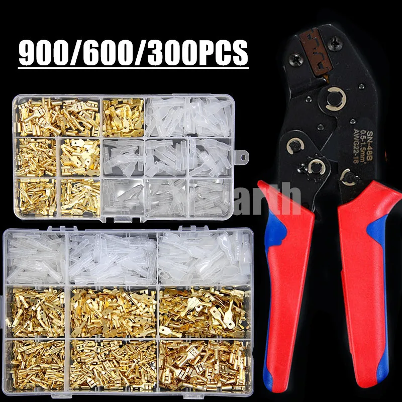 900/600/300PCS 2.8/4.8/6.3mm Spade Crimp Terminals Connector Universal Plug Seal Electrical Wire Connectors SN48B Crimping Kit
900/600/300PCS 2.8/4.8/6.3mm Spade Crimp Terminals Connector Universal Plug Seal Electrical Wire Connectors SN48B Crimping Kit
