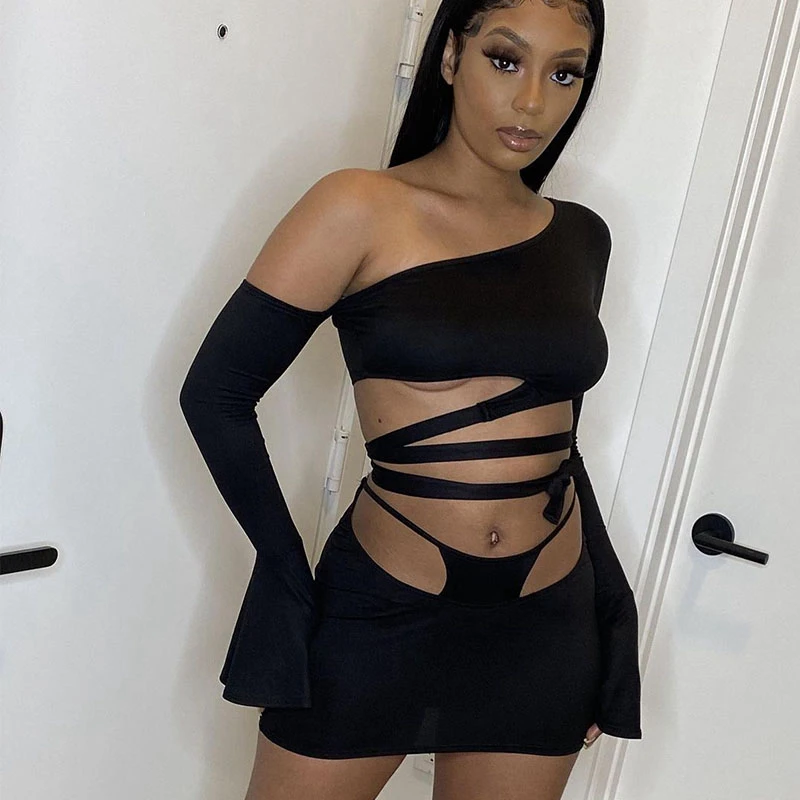 Fashion Women Lace Up Warp Two Piece Dress Set One Shoulder Long Flare Sleeve Crop Top And Mini Skirts Nightclub Bodycon
Fashion Women Lace Up Warp Two Piece Dress Set One Shoulder Long Flare Sleeve Crop Top And Mini Skirts Nightclub Bodycon