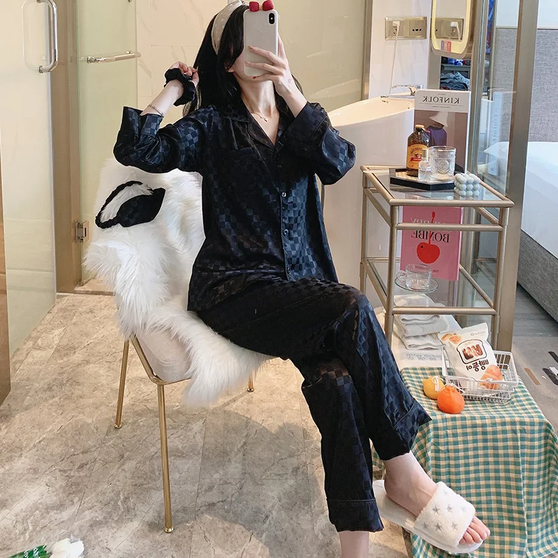 Pajamas Women's Spring Autumn Korean Style Ice Black Homewear Suit Cardigan Long Sleeve Artificial Silk Summer and
Pajamas Women's Spring Autumn Korean Style Ice Black Homewear Suit Cardigan Long Sleeve Artificial Silk Summer and