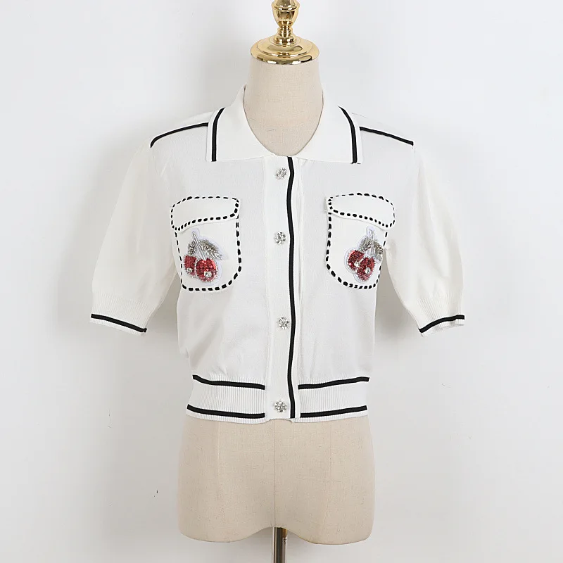 Knitted Cardigan Women 2021 Summer Clothes Turn-Down Collar Single Breasted Short Sleeve Elegant Sequined Cherry Y2k Tops Korean
Knitted Cardigan Women 2021 Summer Clothes Turn-Down Collar Single Breasted Short Sleeve Elegant Sequined Cherry Y2k Tops Korean