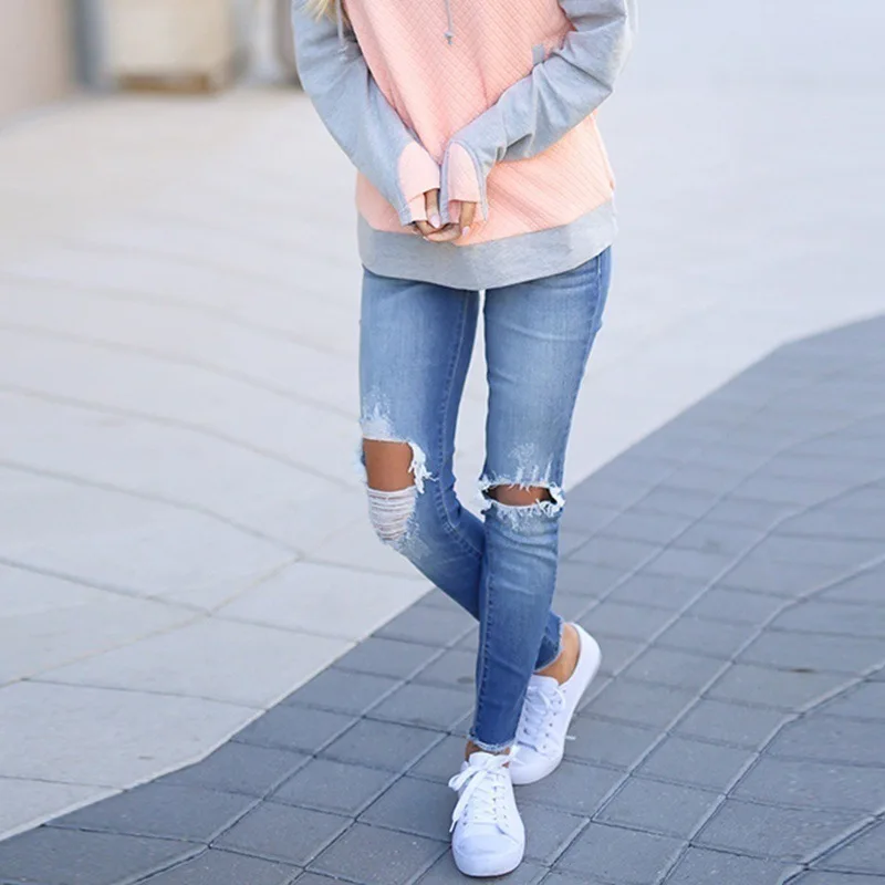 Cowboy elastic hole fashion ladies denim high waist pants spot 
Cowboy elastic hole fashion ladies denim high waist pants spot