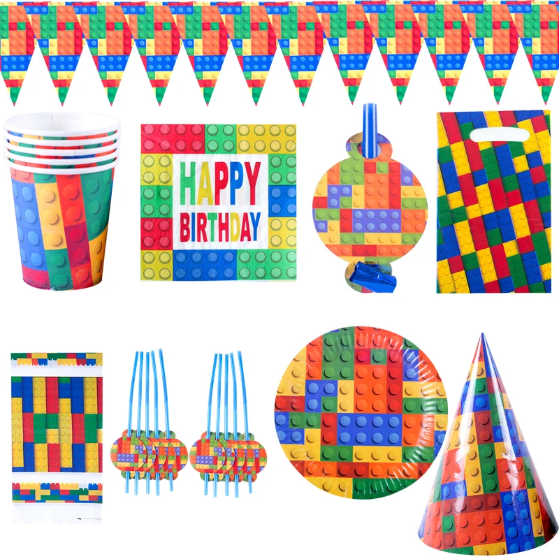 95pcs/lot Building Blocks Theme Napkins Tablecloth Straws Birthday Party Plates Cups Decora Flags Boys Kids Favors Hats Banner
95pcs/lot Building Blocks Theme Napkins Tablecloth Straws Birthday Party Plates Cups Decora Flags Boys Kids Favors Hats Banner