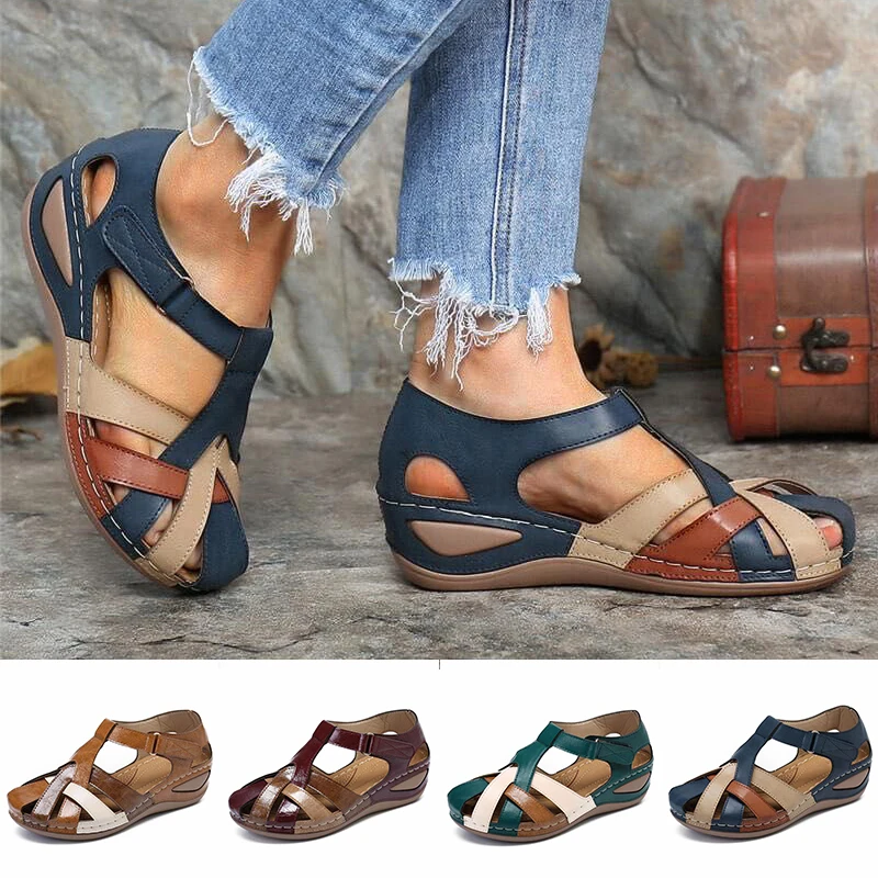 

Lollita Orthopedic Plus Sandals PU Leather Retro Arch Support Comfy Round Toe Sandals for Women Toe Protection Design ALS88