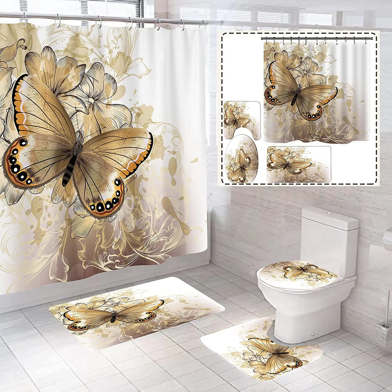 Big Butterflies With Flowers Print Shower Curtain Set 3D Elegant Flannel Toilet Lid Cover Anti-slip Kitchen Mat Rug Home Carpets
Big Butterflies With Flowers Print Shower Curtain Set 3D Elegant Flannel Toilet Lid Cover Anti-slip Kitchen Mat Rug Home Carpets