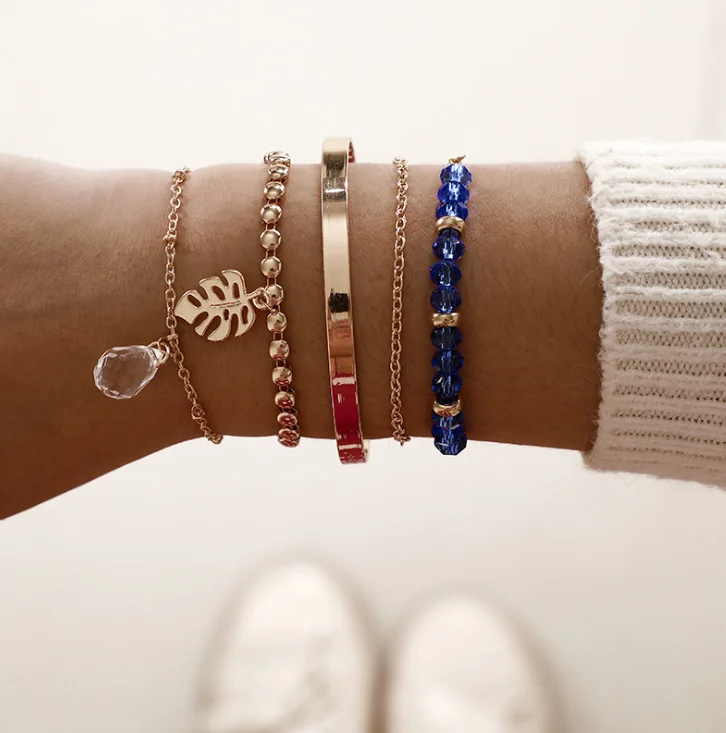 GTQ 5pcs/sets Gold Leaf Bracelets Clear Crystal Stone Blue Bead Bangles for Women Bohemian Jewelry Drop Shipping | Украшения и