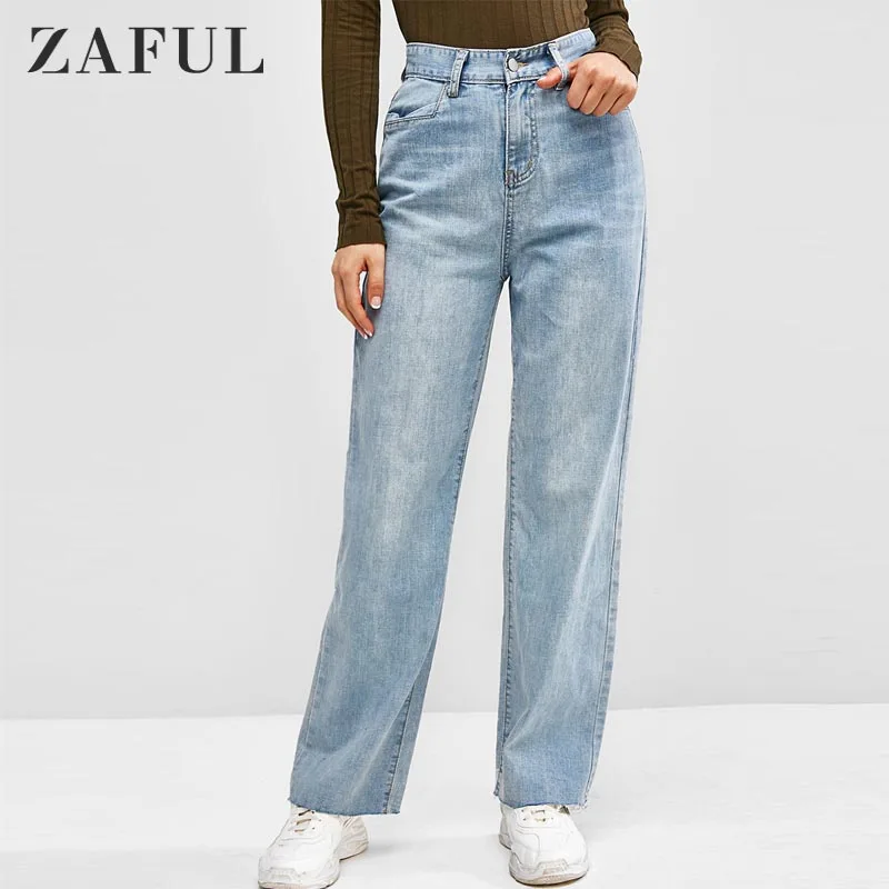 

ZAFUL Women Jeans Pants High Waisted Frayed Hem Wide Leg Loose Jeans Vintage Full-Length Leisure Denim Pants 2020 Fall