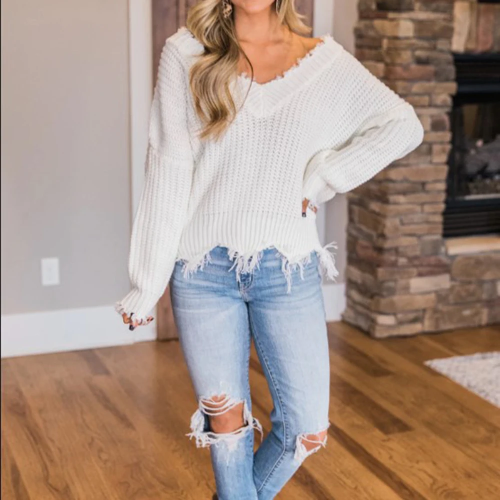 Off Shoulder Sweater For Women Pullover Ripped Hole Sweaters Loose Fringe Distressed Knitted Female Tops Long Sleeve Jumper | Женская