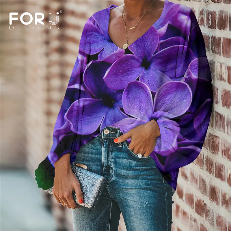 FORUDESIGNS Large Size Purple Lilac 3D Flower Print Women Blouse 2019 Casual Loose Long Sleeve Tops V-neck Shirts Female | Женская