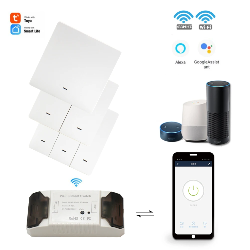 DIY WiFi Wall Switch Receiver RF Transmitter Tuya Smart Life APP 433Mhz Voice Remote Control Push Button 110V 220V Wireless
DIY WiFi Wall Switch Receiver RF Transmitter Tuya Smart Life APP 433Mhz Voice Remote Control Push Button 110V 220V Wireless
